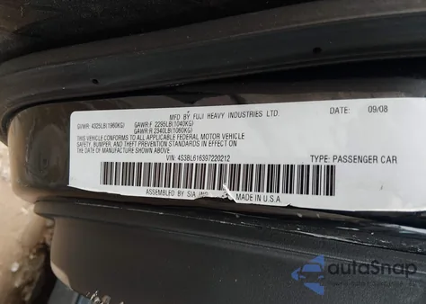 2009 Subaru Legacy 2.5I from USA, damaged, VIN 4S3BL616397220212